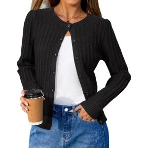 Arach&Cloz Womens Wool Blend Puff Sleeve Fall Cable Knit Cardigan Sweaters 2025(Black)