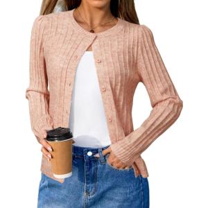 Arach&Cloz Womens Wool Blend Puff Sleeve Fall Cable Knit Cardigan Sweaters 2025(Pink)