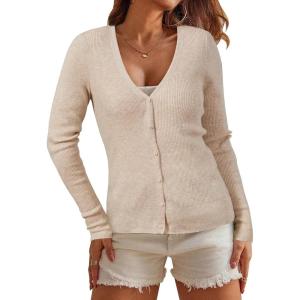Arach&Cloz Womens Wool Blended Ribbed Cardigan Lightweight Long Sleeve Sweater 2025 Spring Fashion Button Down Knit Top(Apricot)