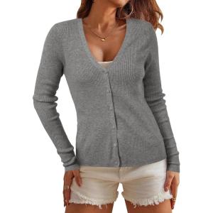 Arach&Cloz Womens Wool Blended Ribbed Cardigan Lightweight Long Sleeve Sweater 2025 Spring Fashion Button Down Knit Top(Gray)