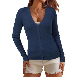 Arach&Cloz Womens Wool Blended Ribbed Cardigan Lightweight Long Sleeve Sweater 2025 Spring Fashion Button Down Knit Top(Navy Blue)