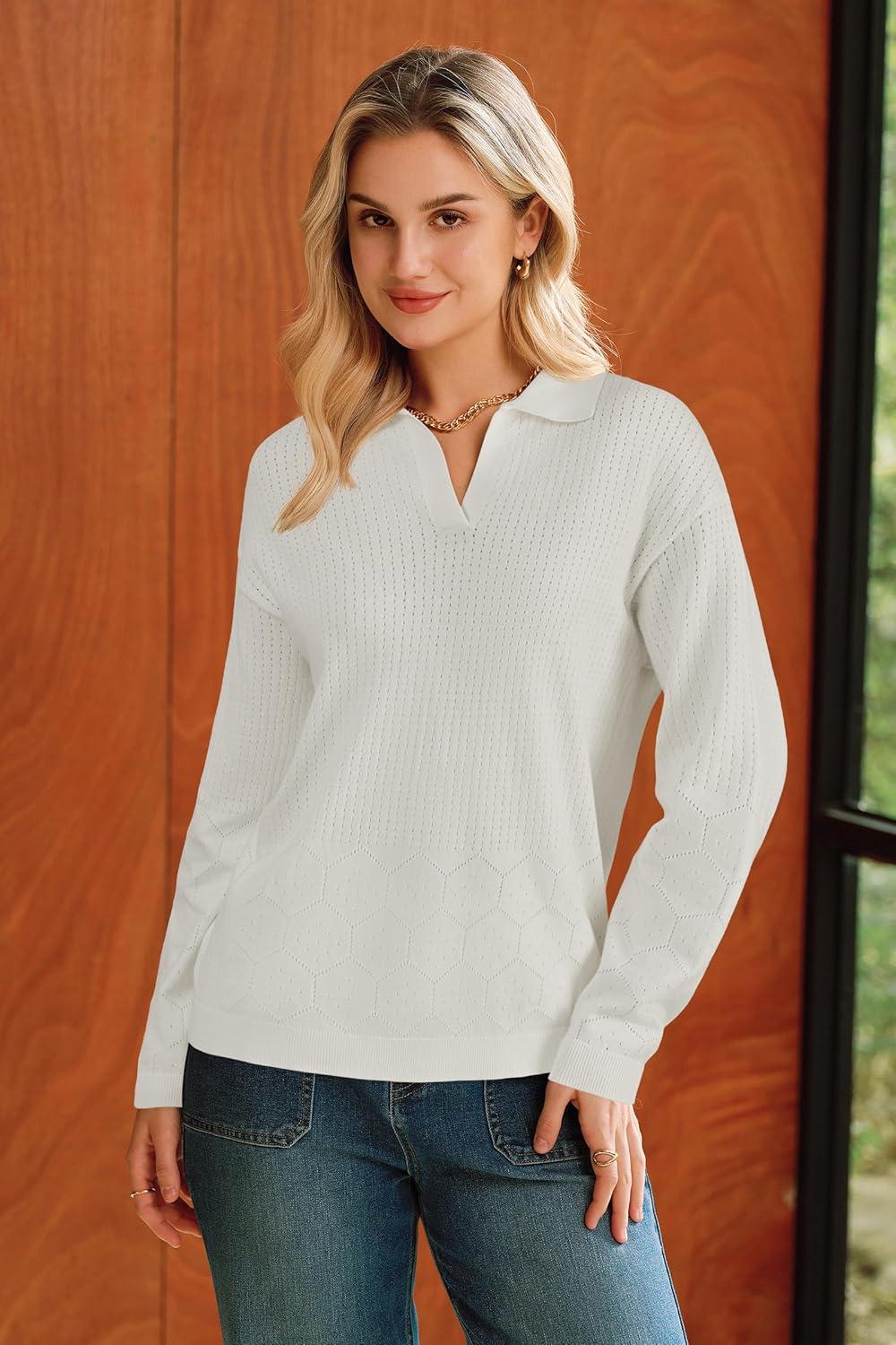 image:imageArachampCloz Womens 100 Cotton Collared V Neck Eyelet Knit Spring Cotton Polo Shirts 2026Beige