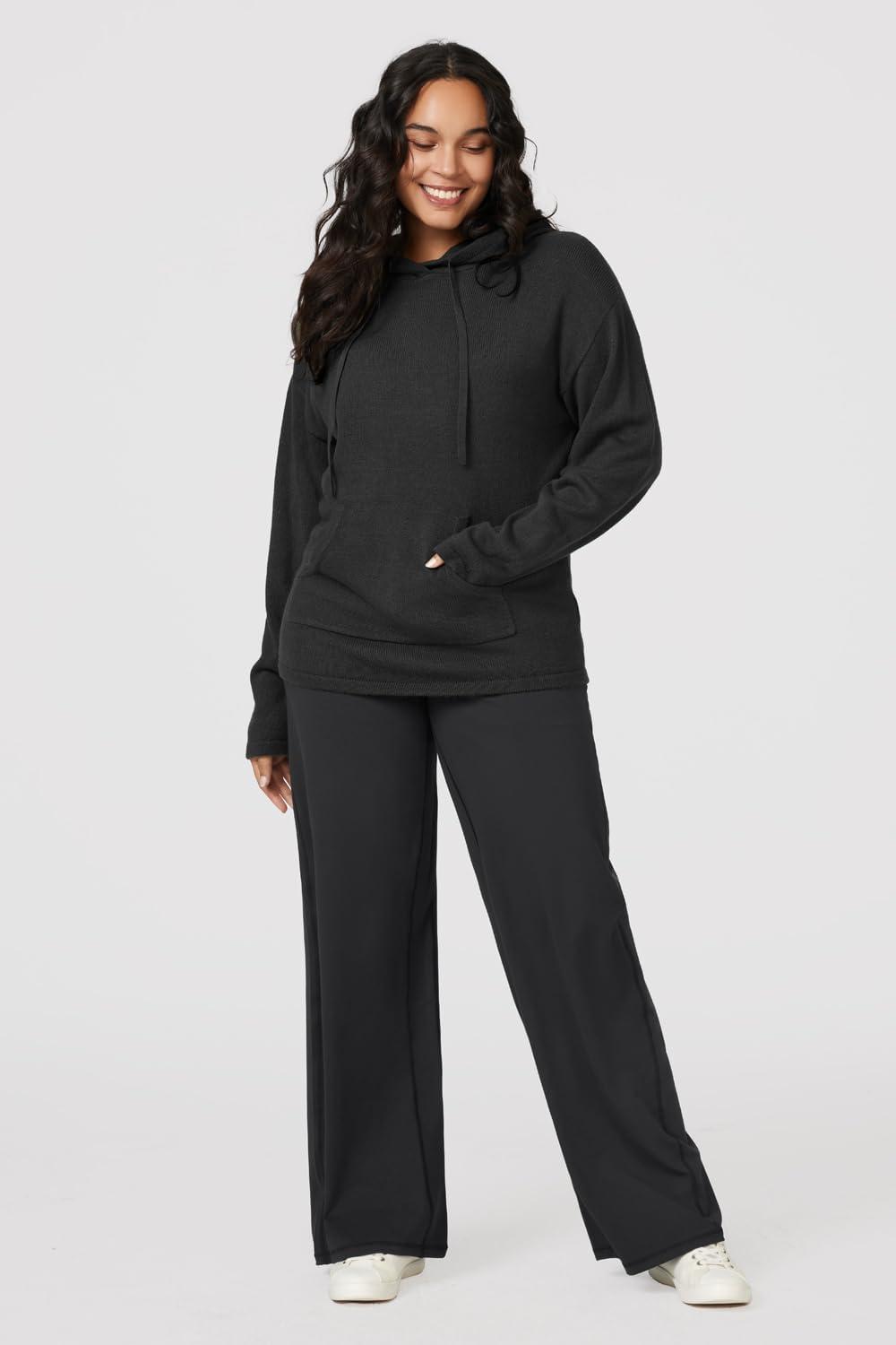 image:imageArachampCloz Womens 2023 Two Piece Outfits Knit Sweaters Hoodies and Wide Leg Yoga Pants Tracksuit Lounge Sets with PocketsBlack