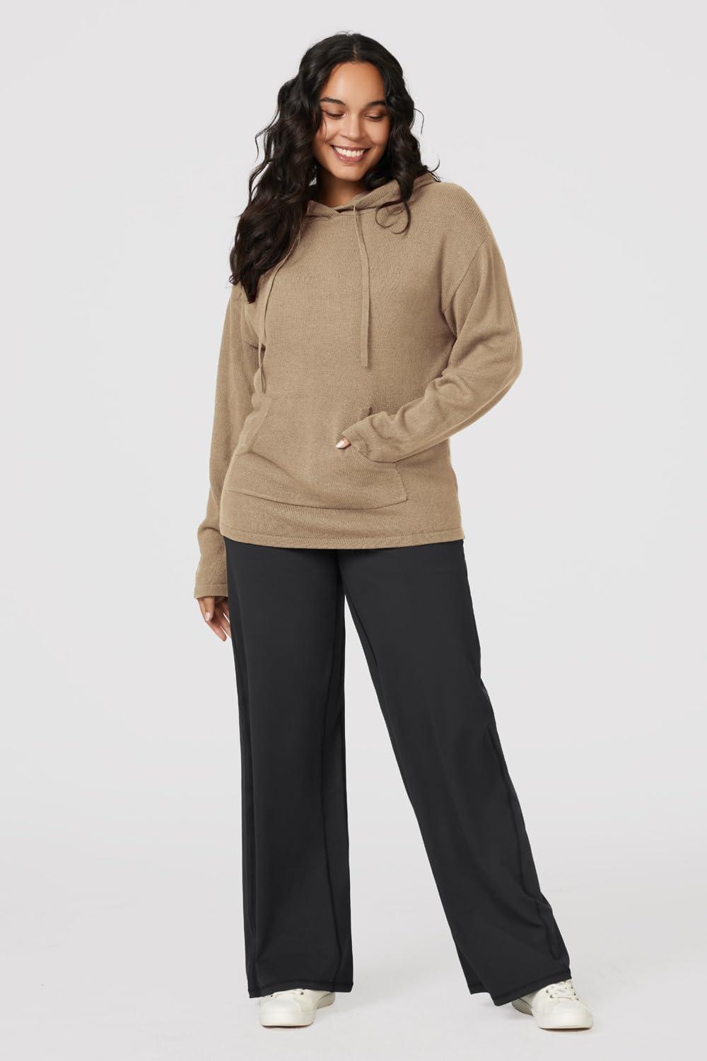 image:imageArachampCloz Womens 2023 Two Piece Outfits Knit Sweaters Hoodies and Wide Leg Yoga Pants Tracksuit Lounge Sets with PocketsKhaki