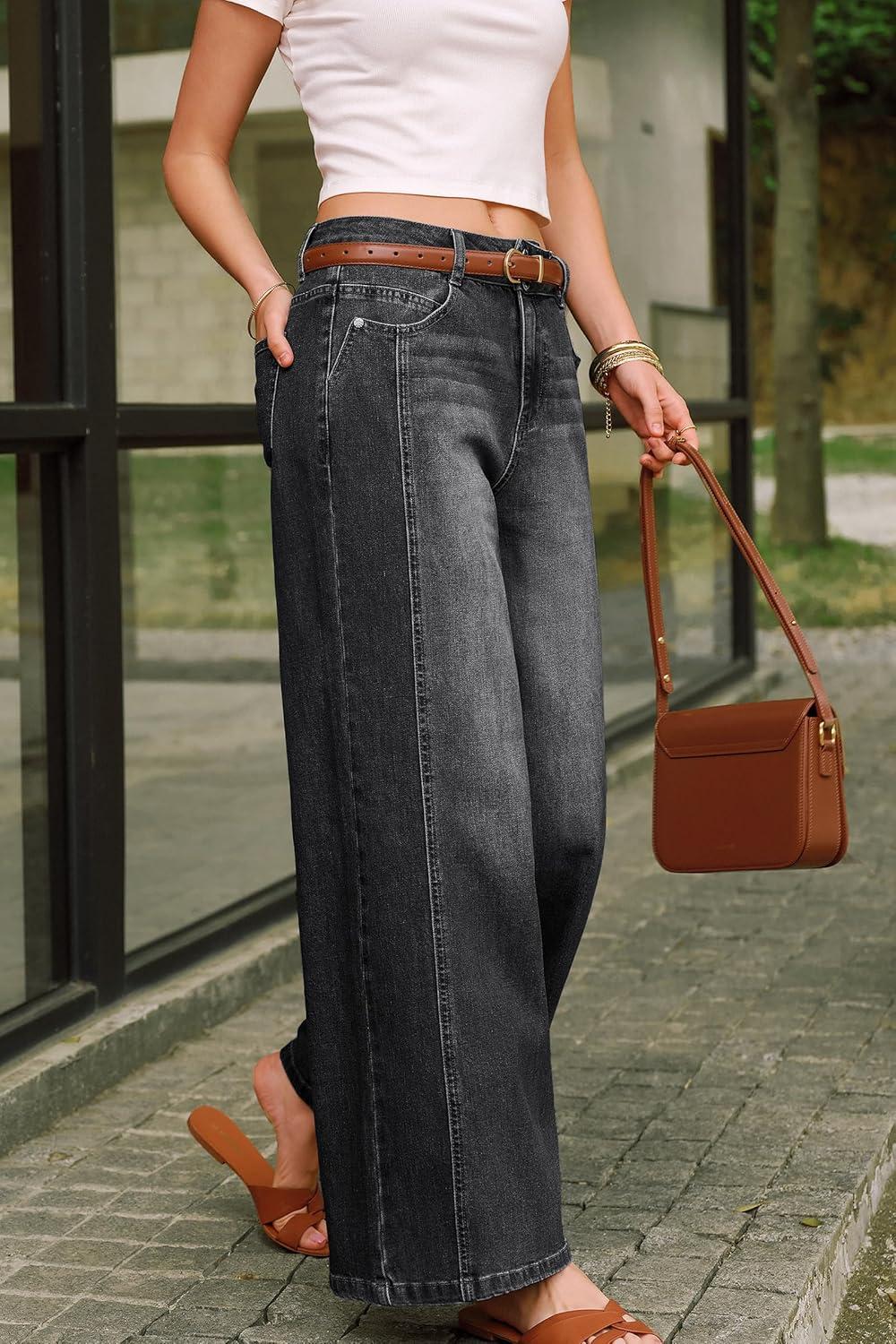 image:imageArachampCloz Womens Cotton Contrast Waistband Wide Leg Stretchy Denim Jeans 2026Black