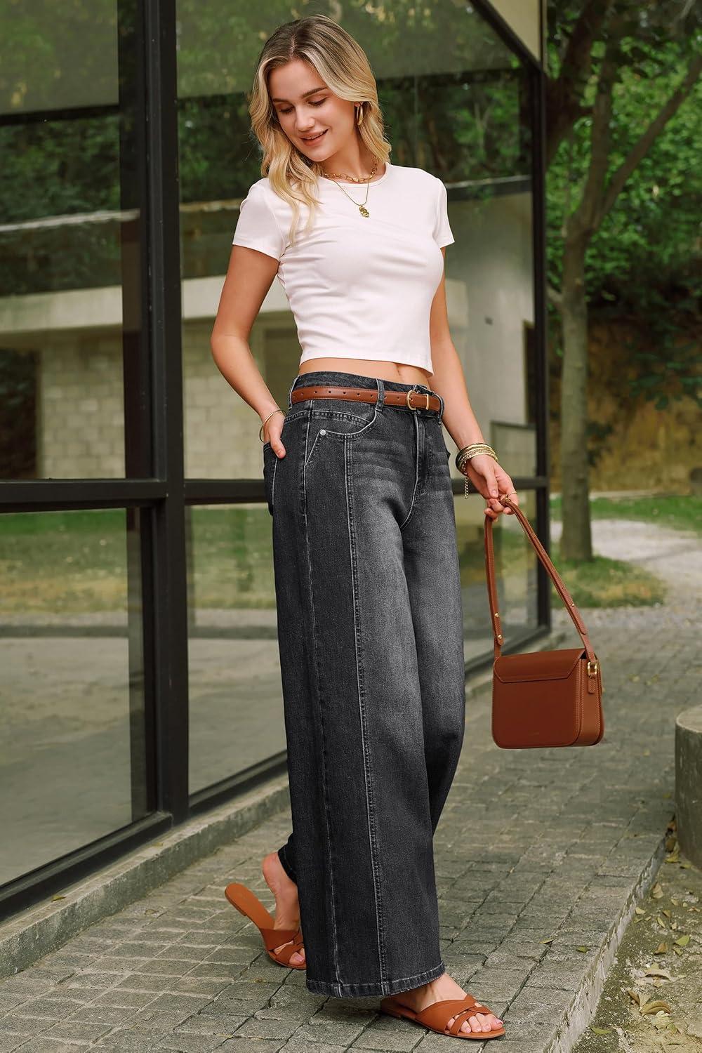 image:imageArachampCloz Womens Cotton Contrast Waistband Wide Leg Stretchy Denim Jeans 2026Black