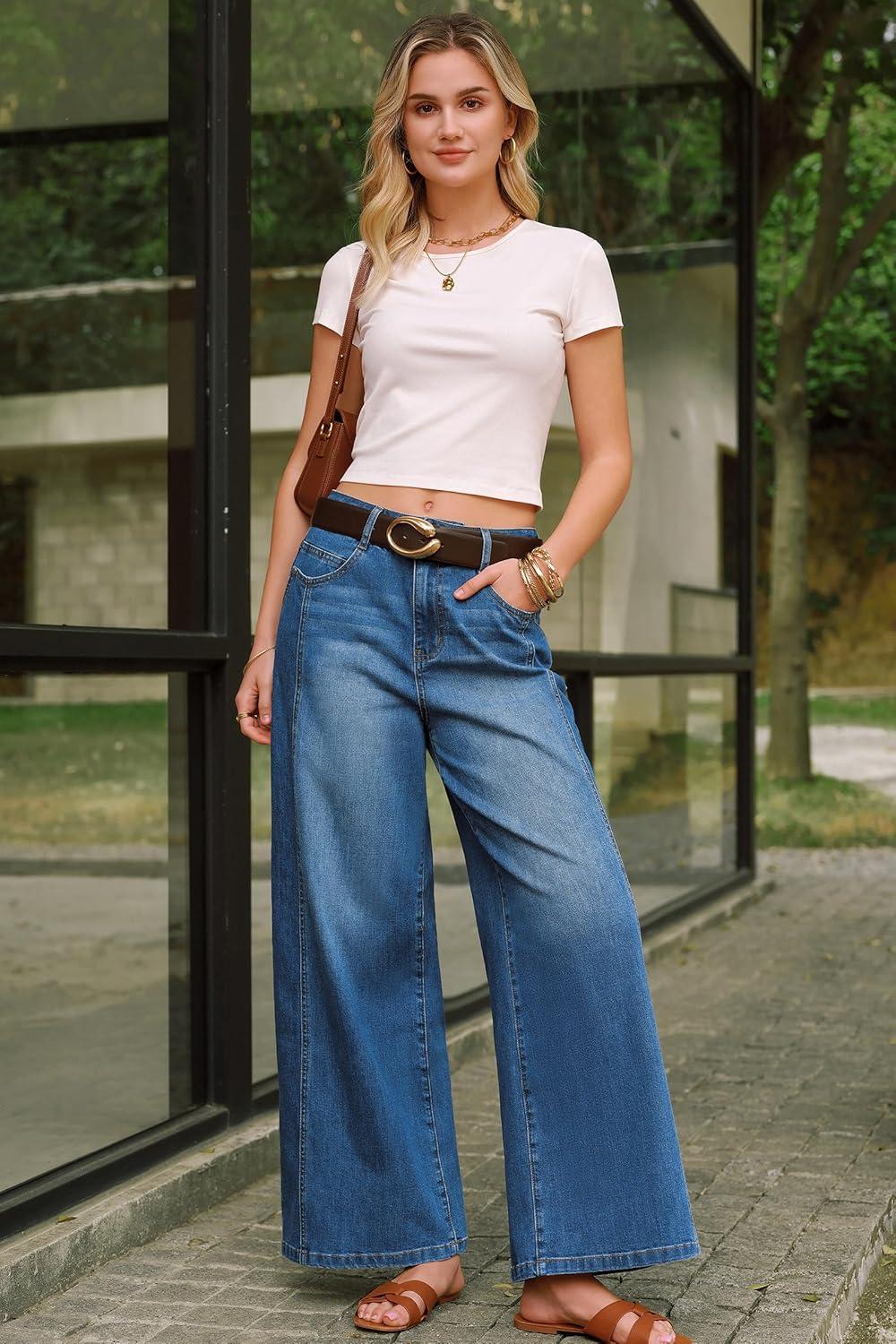 image:imageArachampCloz Womens Cotton Contrast Waistband Wide Leg Stretchy Denim Jeans 2026Blue