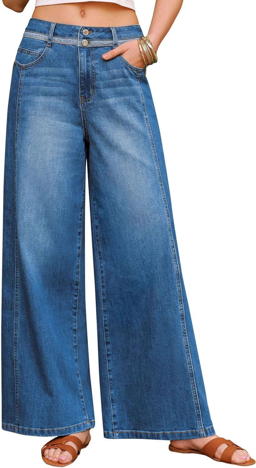 image:imageArachampCloz Womens Cotton Contrast Waistband Wide Leg Stretchy Denim Jeans 2026Blue