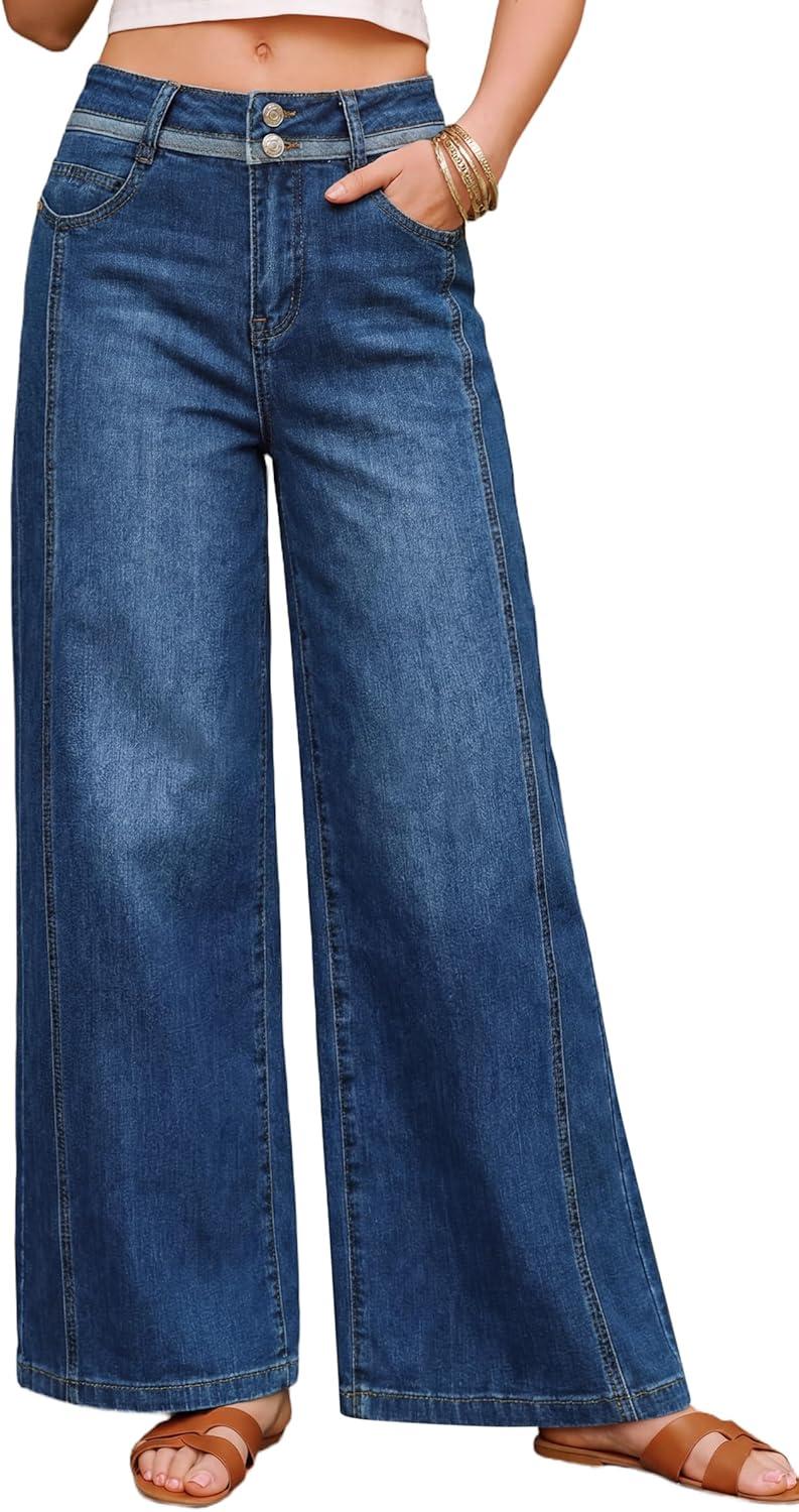 image:imageArachampCloz Womens Cotton Contrast Waistband Wide Leg Stretchy Denim Jeans 2026Dark Blue