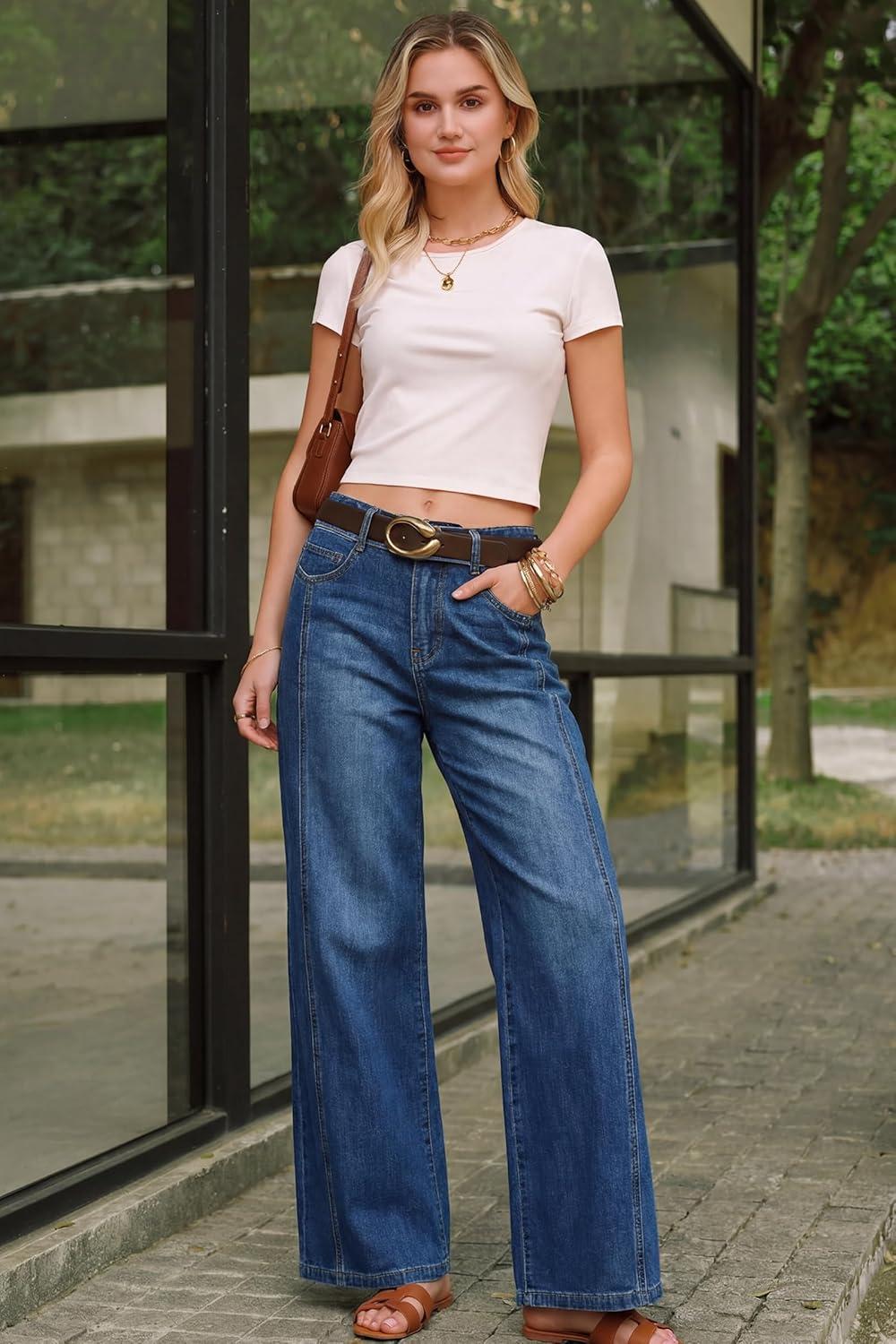 image:imageArachampCloz Womens Cotton Contrast Waistband Wide Leg Stretchy Denim Jeans 2026Dark Blue