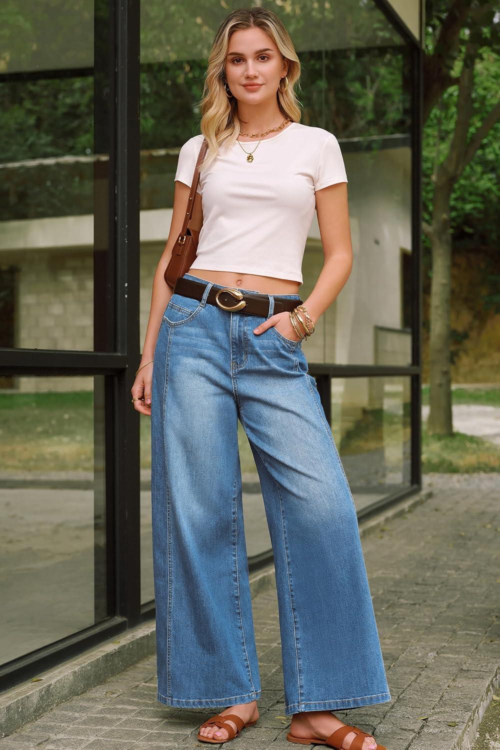 image:imageArachampCloz Womens Cotton Contrast Waistband Wide Leg Stretchy Denim Jeans 2026Light Blue