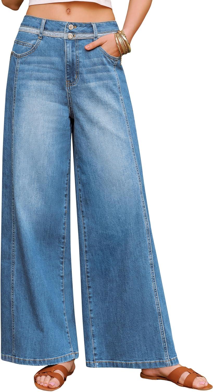 image:imageArachampCloz Womens Cotton Contrast Waistband Wide Leg Stretchy Denim Jeans 2026Light Blue