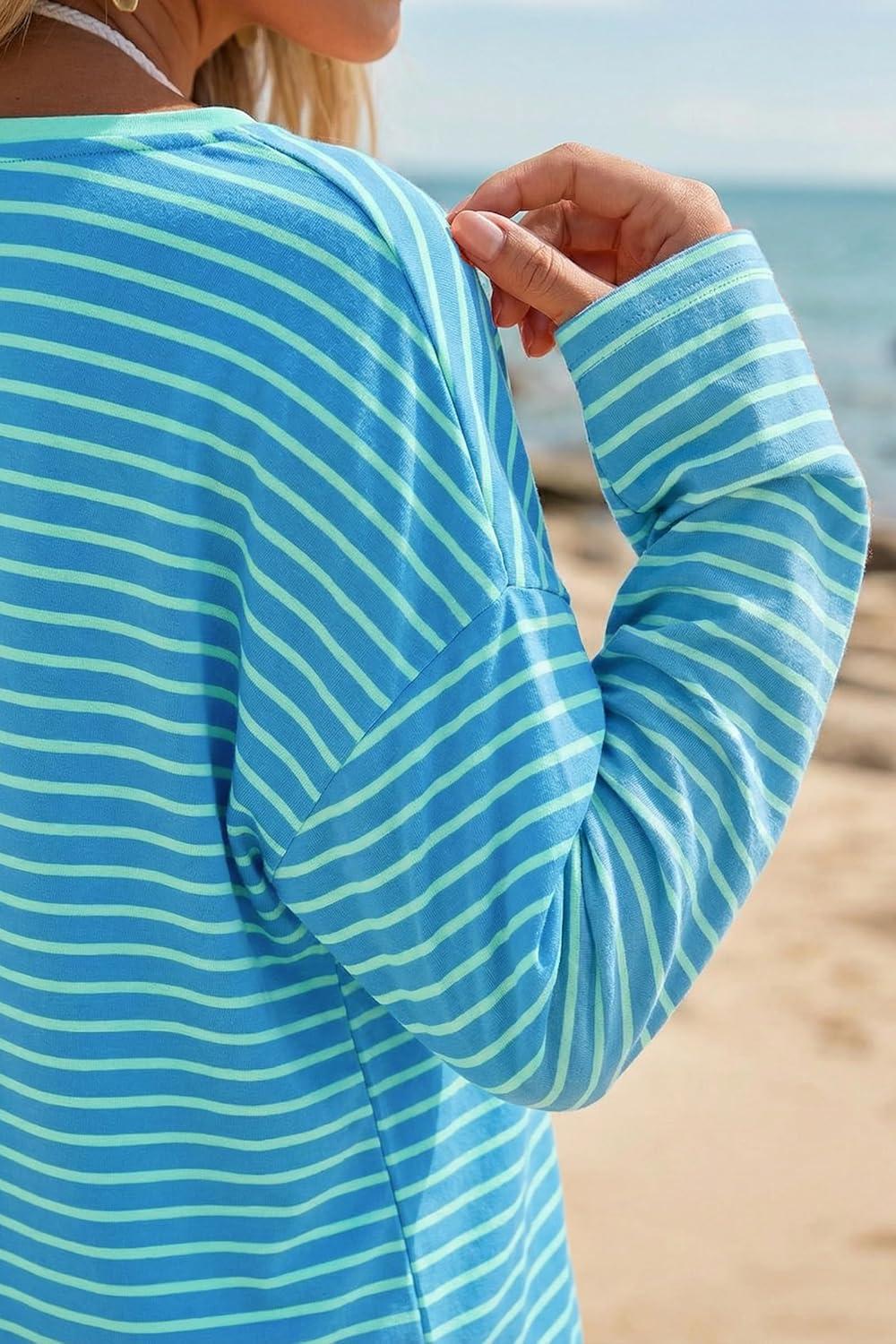image:imageArachampCloz Womens Linen Blend Beach Vacation Cover Up Summer Casual Oversized Off Shoulder Tops 2026Blue Light Green Stripe