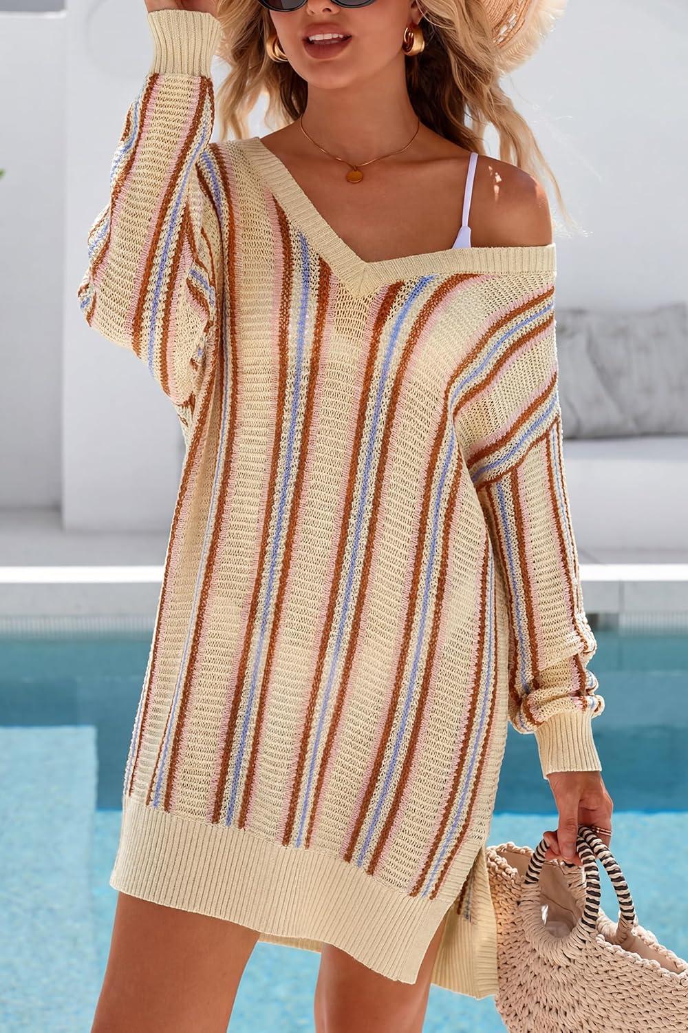 image:imageArachampCloz Womens Linen Blend Summer Swim Suit Cover Up V Neck Crochet Dress Striped Beach Vacation Outfits 2026Apricot Stripe