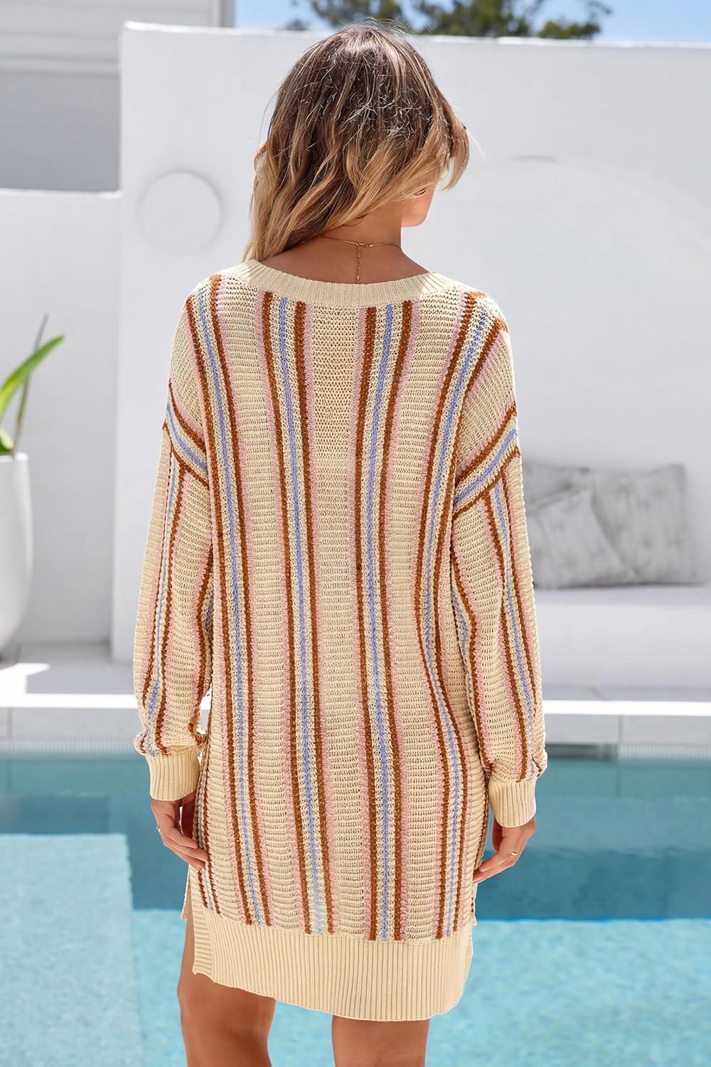 image:imageArachampCloz Womens Linen Blend Summer Swim Suit Cover Up V Neck Crochet Dress Striped Beach Vacation Outfits 2026Apricot Stripe