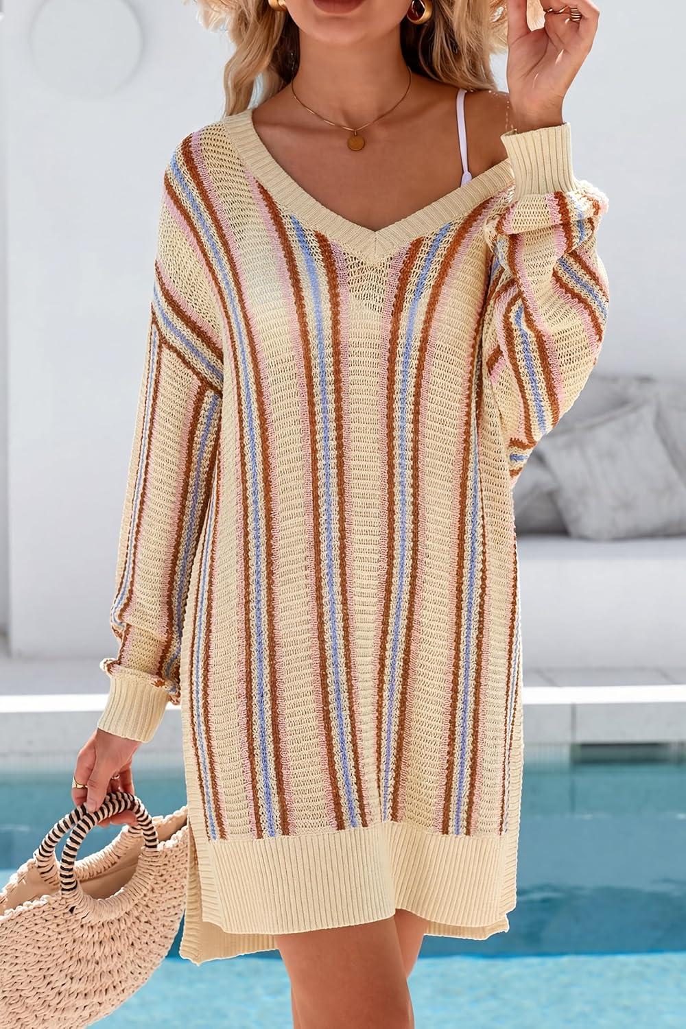 image:imageArachampCloz Womens Linen Blend Summer Swim Suit Cover Up V Neck Crochet Dress Striped Beach Vacation Outfits 2026Apricot Stripe