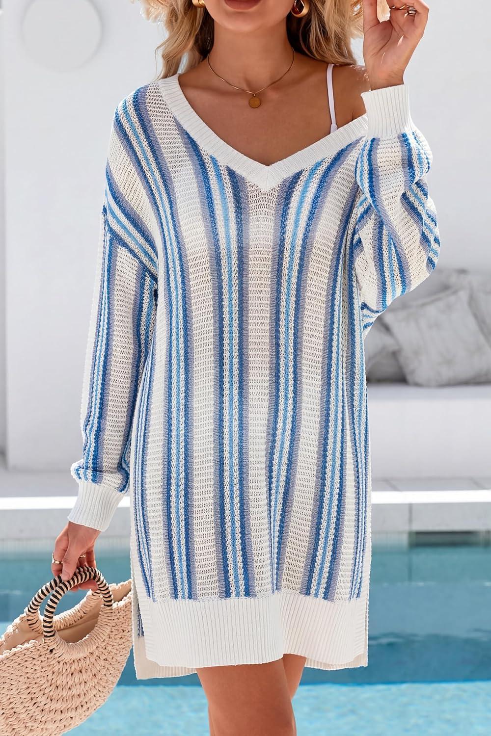 image:imageArachampCloz Womens Linen Blend Summer Swim Suit Cover Up V Neck Crochet Dress Striped Beach Vacation Outfits 2026Blue Stripe