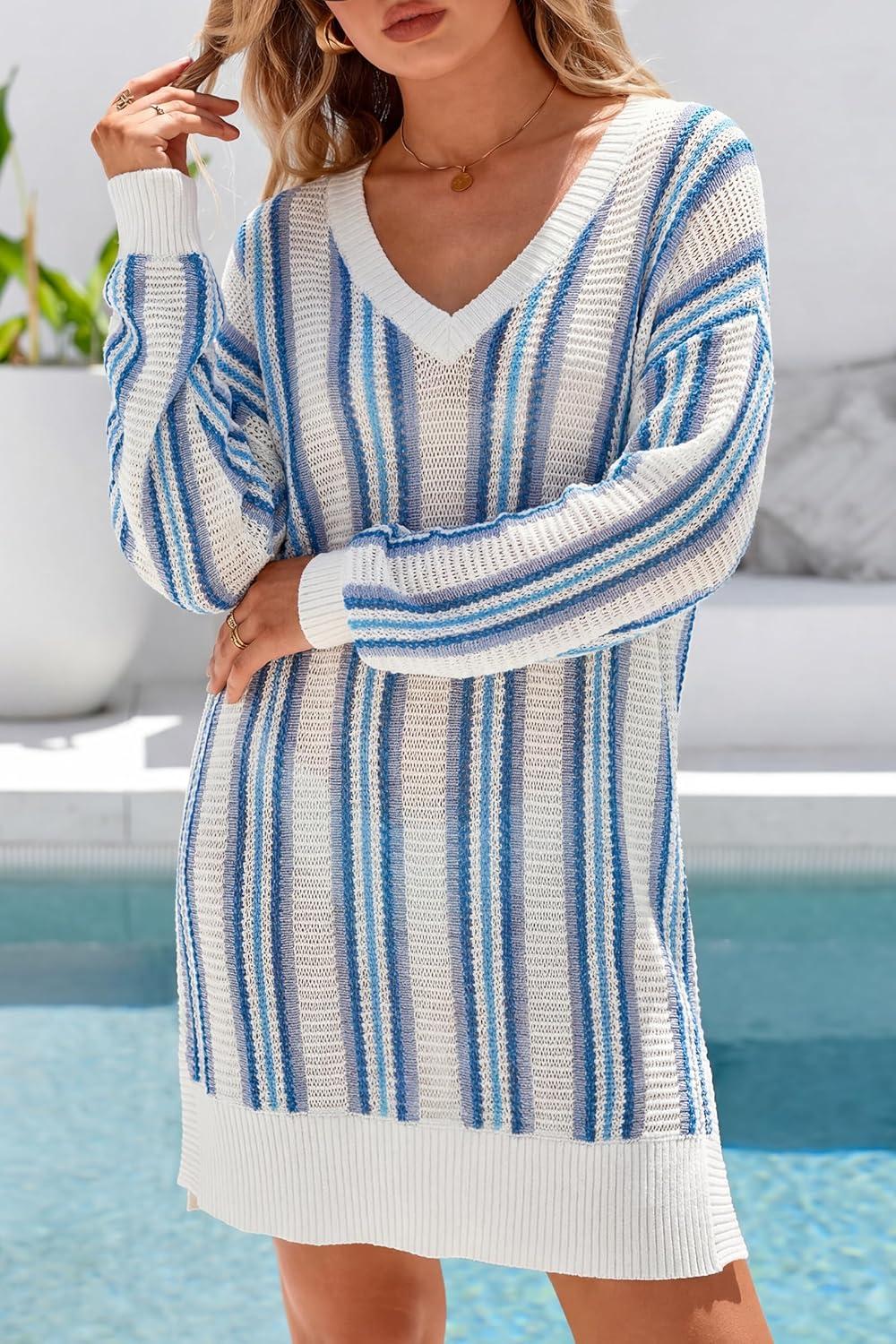 image:imageArachampCloz Womens Linen Blend Summer Swim Suit Cover Up V Neck Crochet Dress Striped Beach Vacation Outfits 2026Blue Stripe