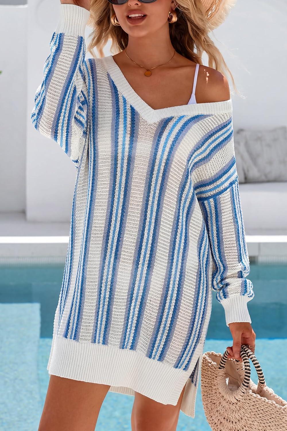 image:imageArachampCloz Womens Linen Blend Summer Swim Suit Cover Up V Neck Crochet Dress Striped Beach Vacation Outfits 2026Blue Stripe