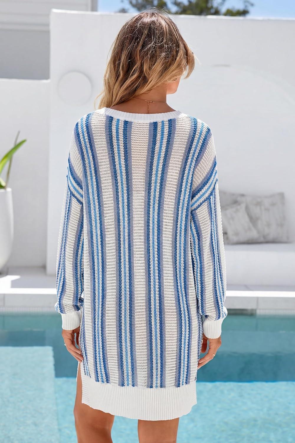 image:imageArachampCloz Womens Linen Blend Summer Swim Suit Cover Up V Neck Crochet Dress Striped Beach Vacation Outfits 2026Blue Stripe