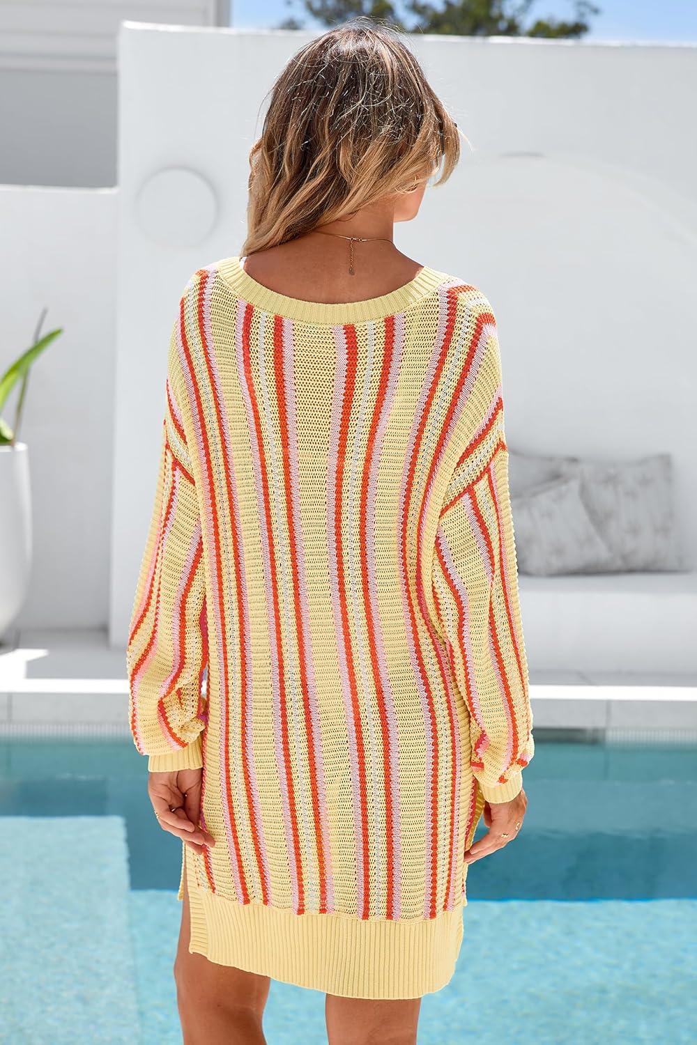 image:imageArachampCloz Womens Linen Blend Summer Swim Suit Cover Up V Neck Crochet Dress Striped Beach Vacation Outfits 2026Brick Stripe