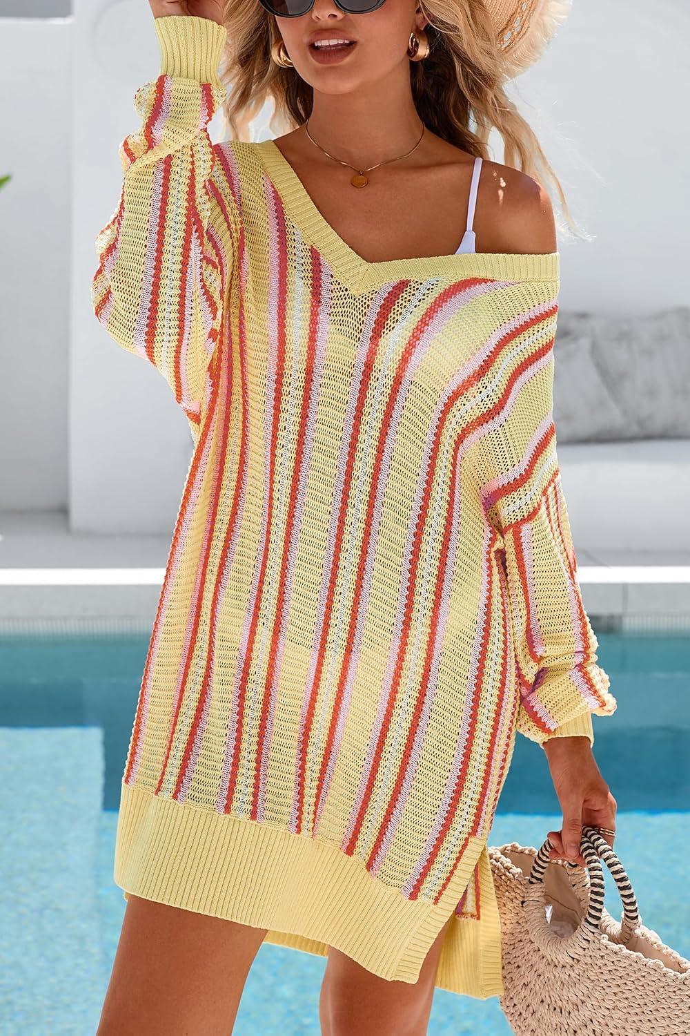 image:imageArachampCloz Womens Linen Blend Summer Swim Suit Cover Up V Neck Crochet Dress Striped Beach Vacation Outfits 2026Brick Stripe