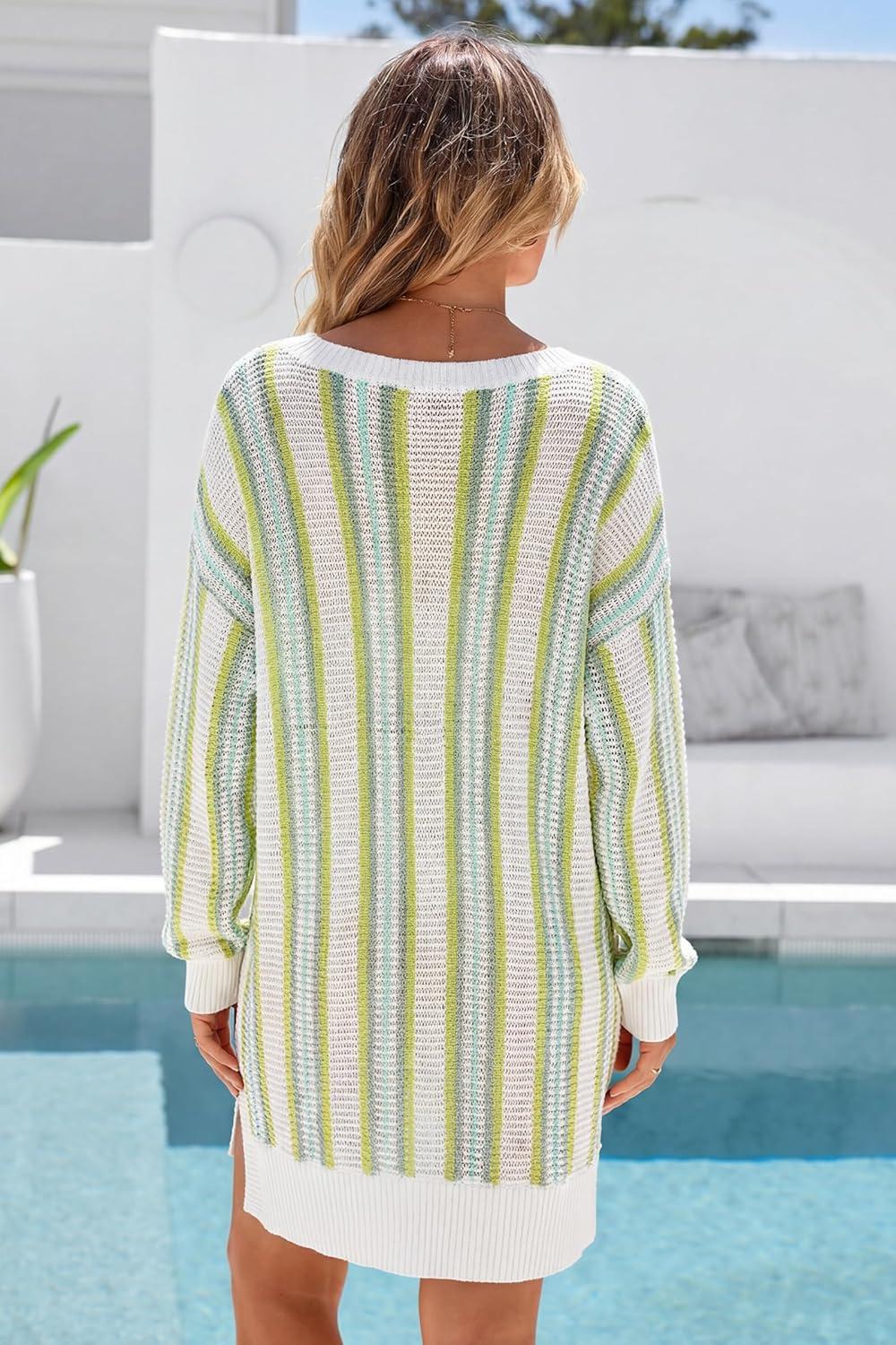 image:imageArachampCloz Womens Linen Blend Summer Swim Suit Cover Up V Neck Crochet Dress Striped Beach Vacation Outfits 2026Green Stripe