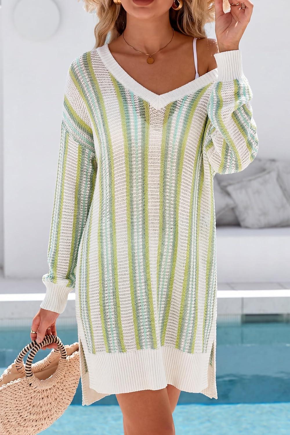 image:imageArachampCloz Womens Linen Blend Summer Swim Suit Cover Up V Neck Crochet Dress Striped Beach Vacation Outfits 2026Green Stripe