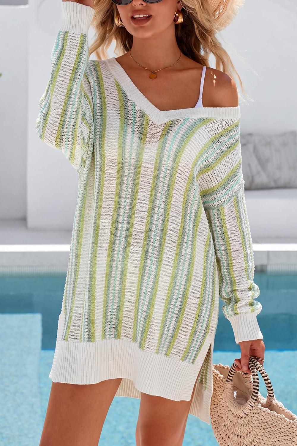 image:imageArachampCloz Womens Linen Blend Summer Swim Suit Cover Up V Neck Crochet Dress Striped Beach Vacation Outfits 2026Green Stripe