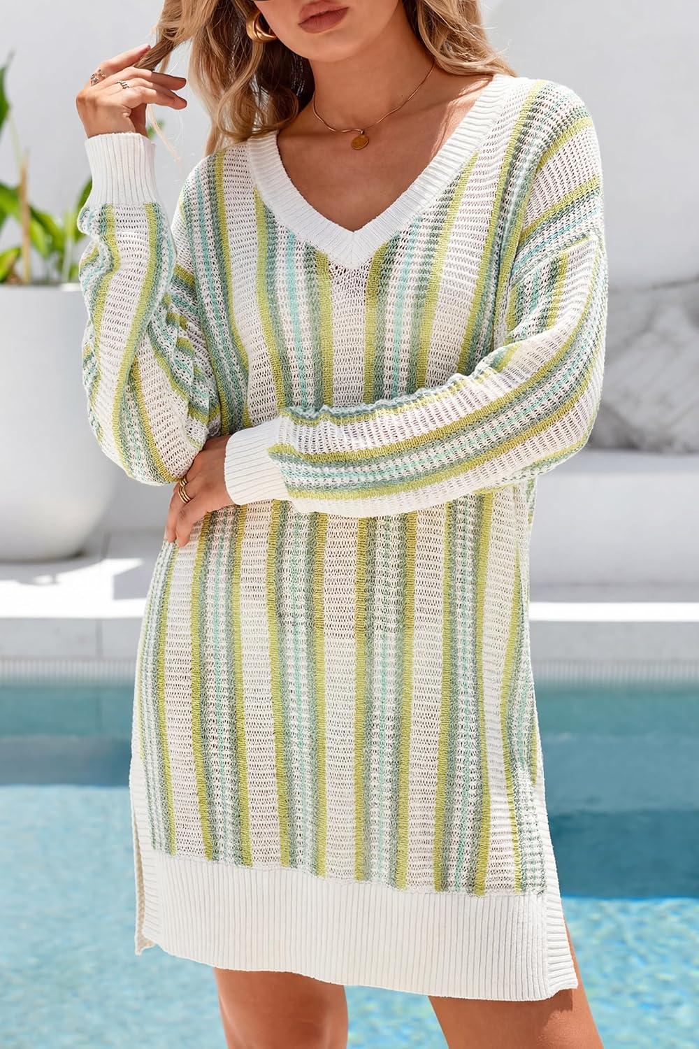 image:imageArachampCloz Womens Linen Blend Summer Swim Suit Cover Up V Neck Crochet Dress Striped Beach Vacation Outfits 2026Green Stripe