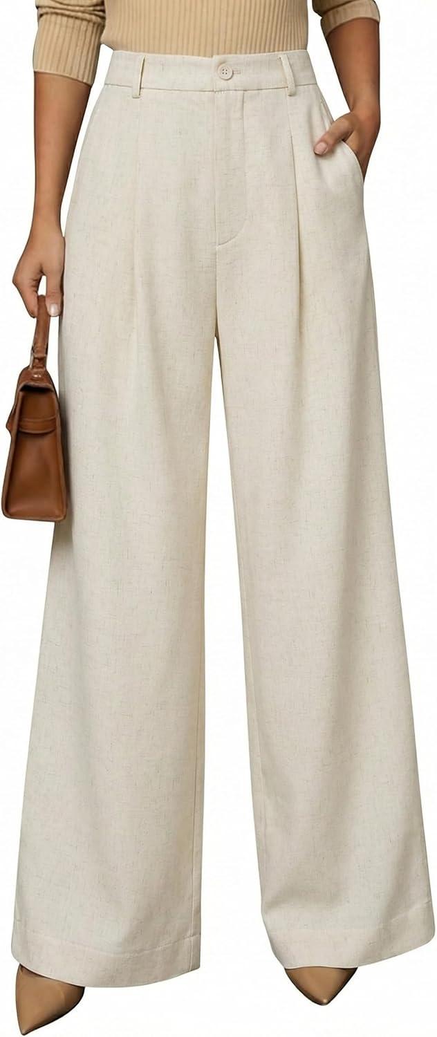 image:imageArachampCloz Womens Linen Blend Wide Leg AllSeason Business Casual Outfits Dress PantsApricot