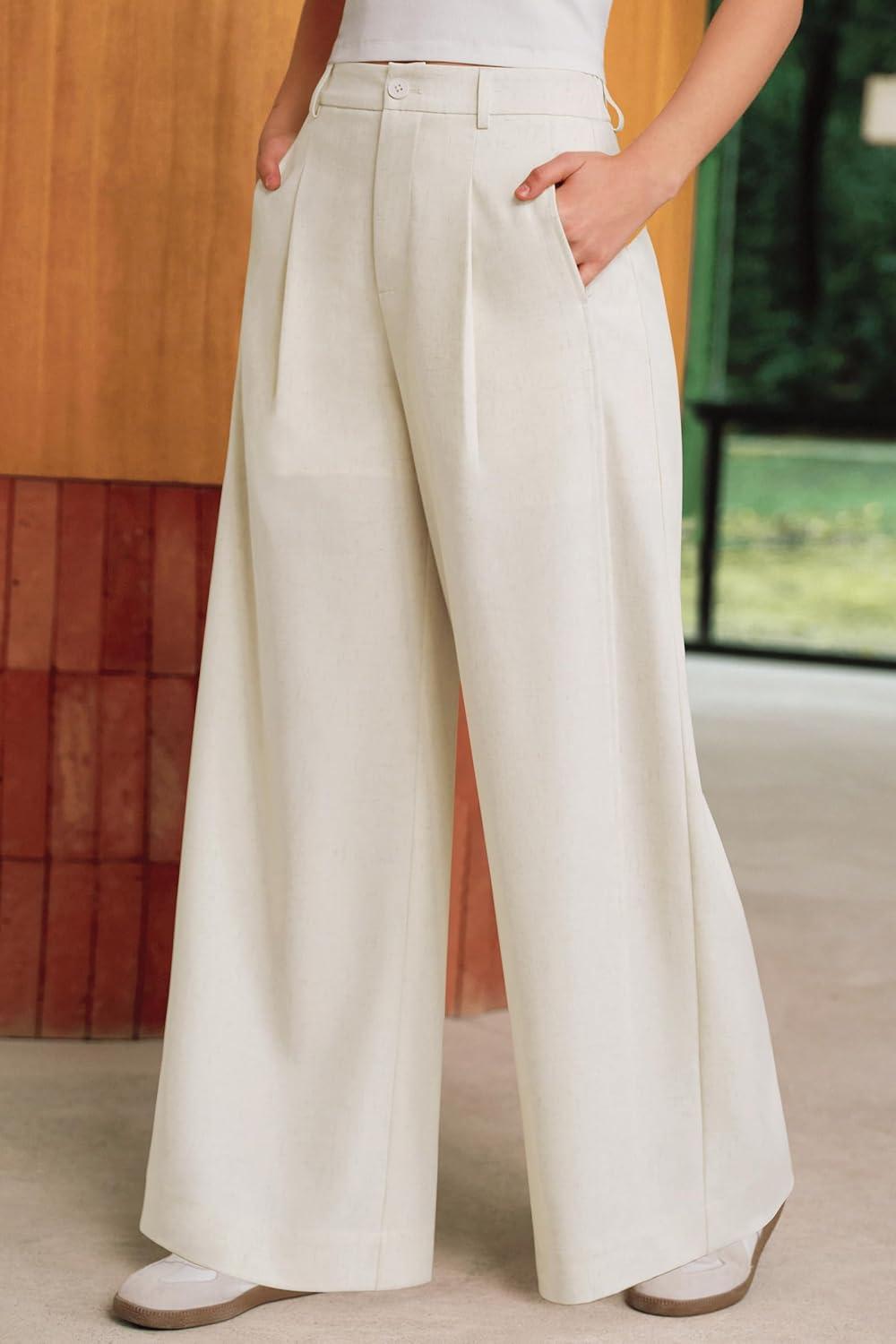 image:imageArachampCloz Womens Linen Blend Wide Leg AllSeason Business Casual Outfits Dress PantsApricot
