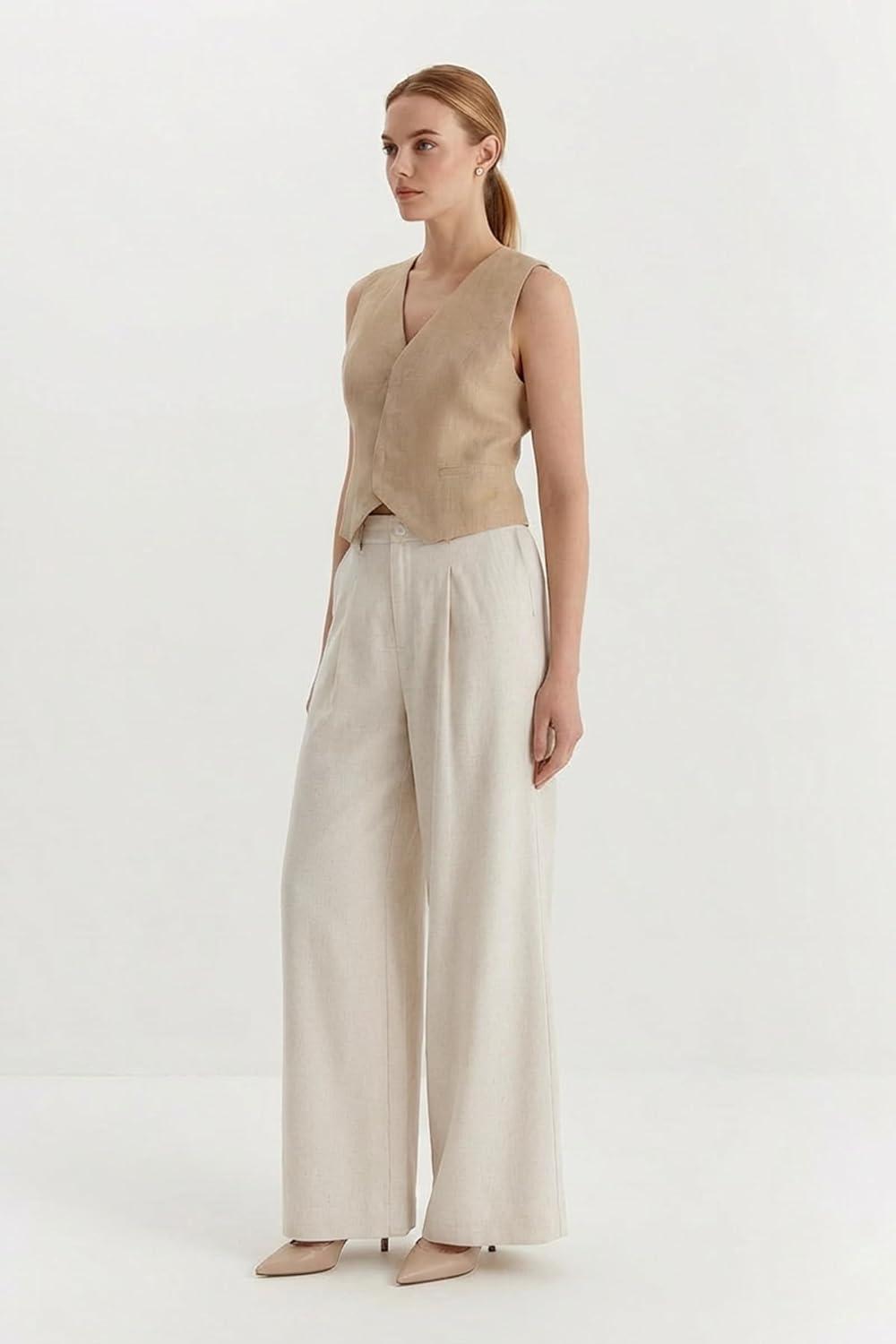 image:imageArachampCloz Womens Linen Blend Wide Leg AllSeason Business Casual Outfits Dress PantsApricot