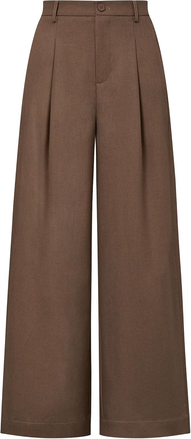 image:imageArachampCloz Womens Linen Blend Wide Leg AllSeason Business Casual Outfits Dress PantsCoffee