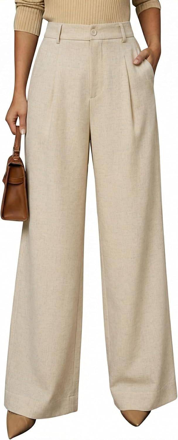 image:imageArachampCloz Womens Linen Blend Wide Leg AllSeason Business Casual Outfits Dress PantsKhaki