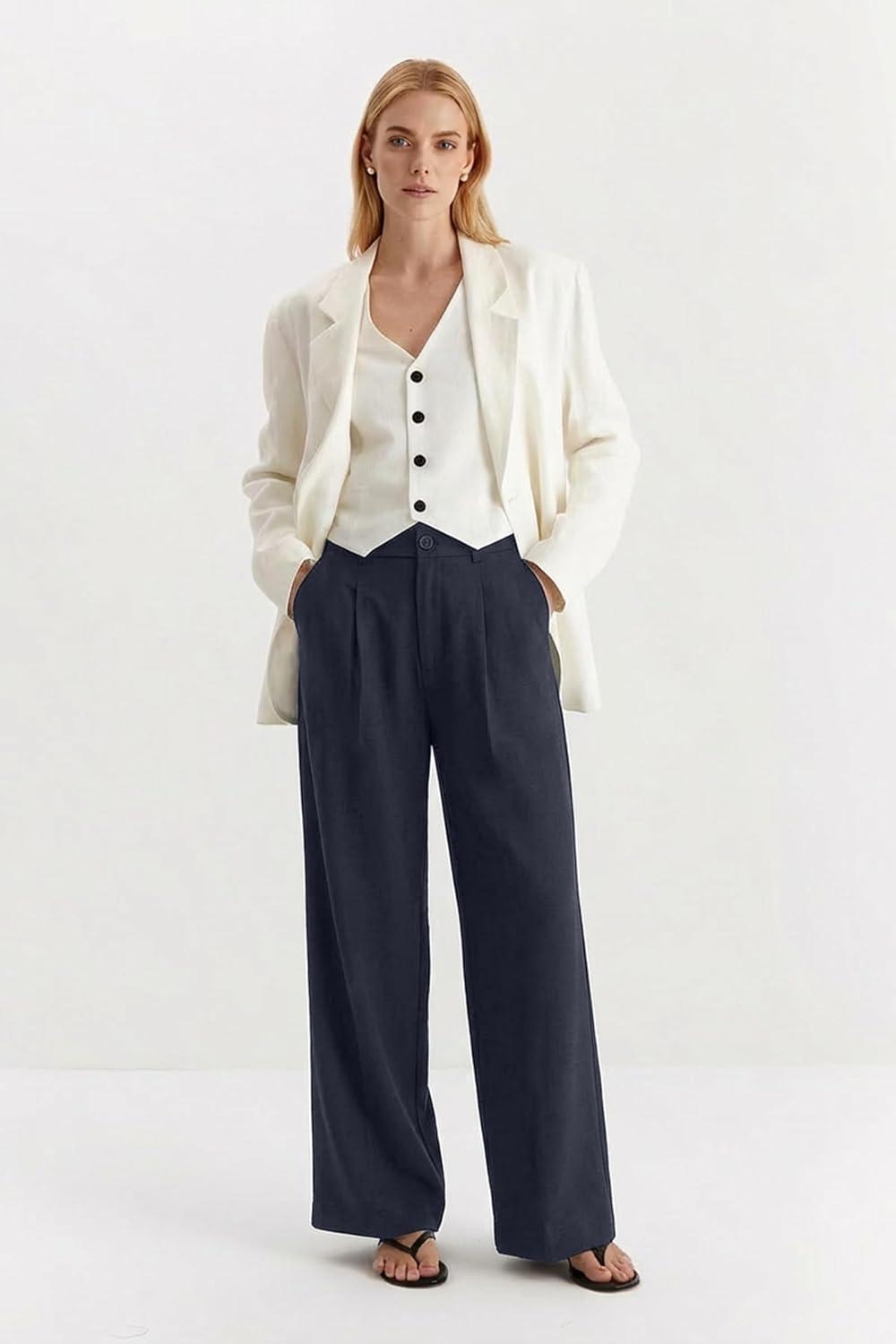 image:imageArachampCloz Womens Linen Blend Wide Leg AllSeason Business Casual Outfits Dress PantsNavy