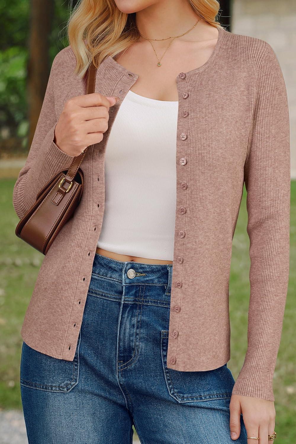image:imageArachampCloz Womens Wool Blend Button Up Spring Business Cardigan Tops Outfits 2026Oatmeal Dusty Pink