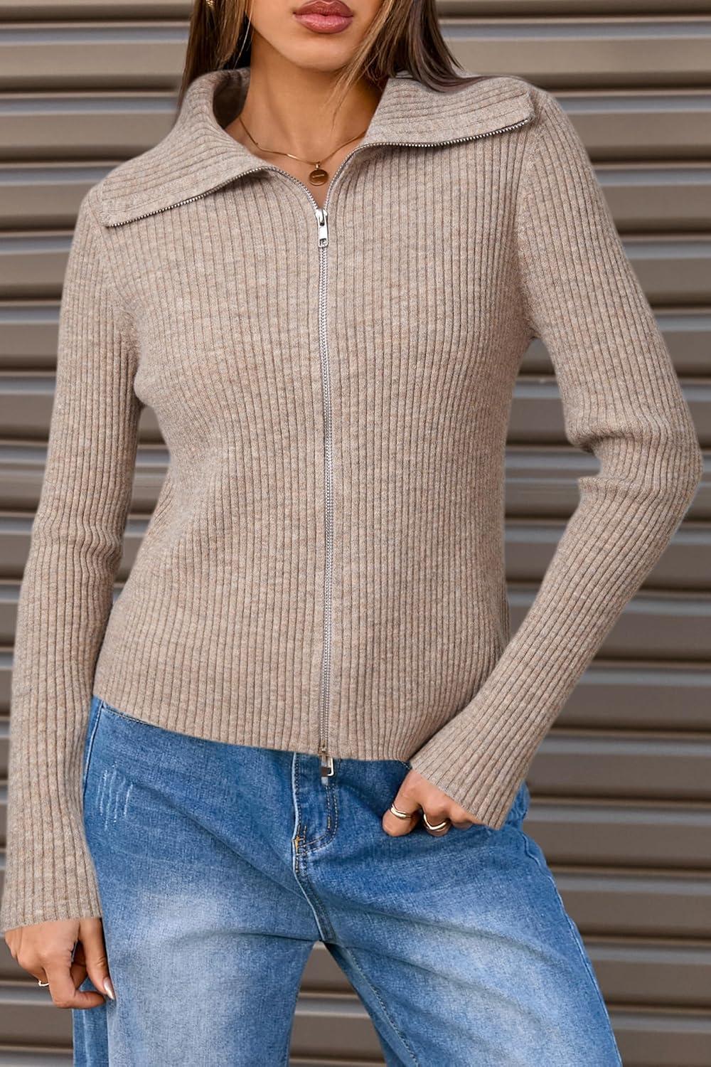 image:imageArachampCloz Womens Wool Blend Fashion Zip Up Cardigan Sweater OutfitCoffee