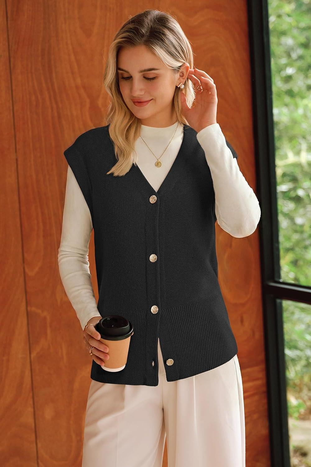 image:imageArachampCloz Womens Wool Blend V Neck Button Down Summer Business Casual Sweater Vests 2026Black