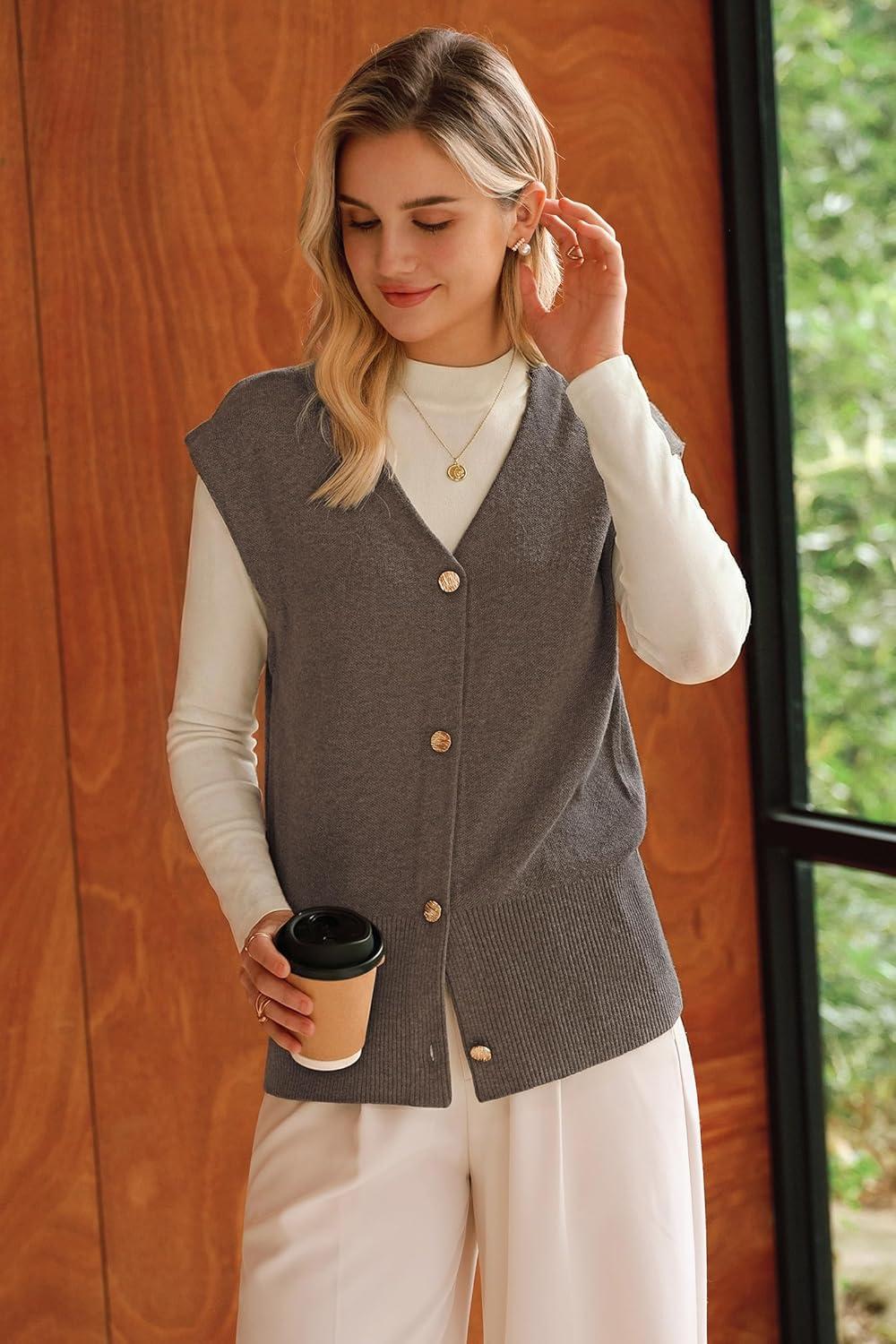 image:imageArachampCloz Womens Wool Blend V Neck Button Down Summer Business Casual Sweater Vests 2026Coffee