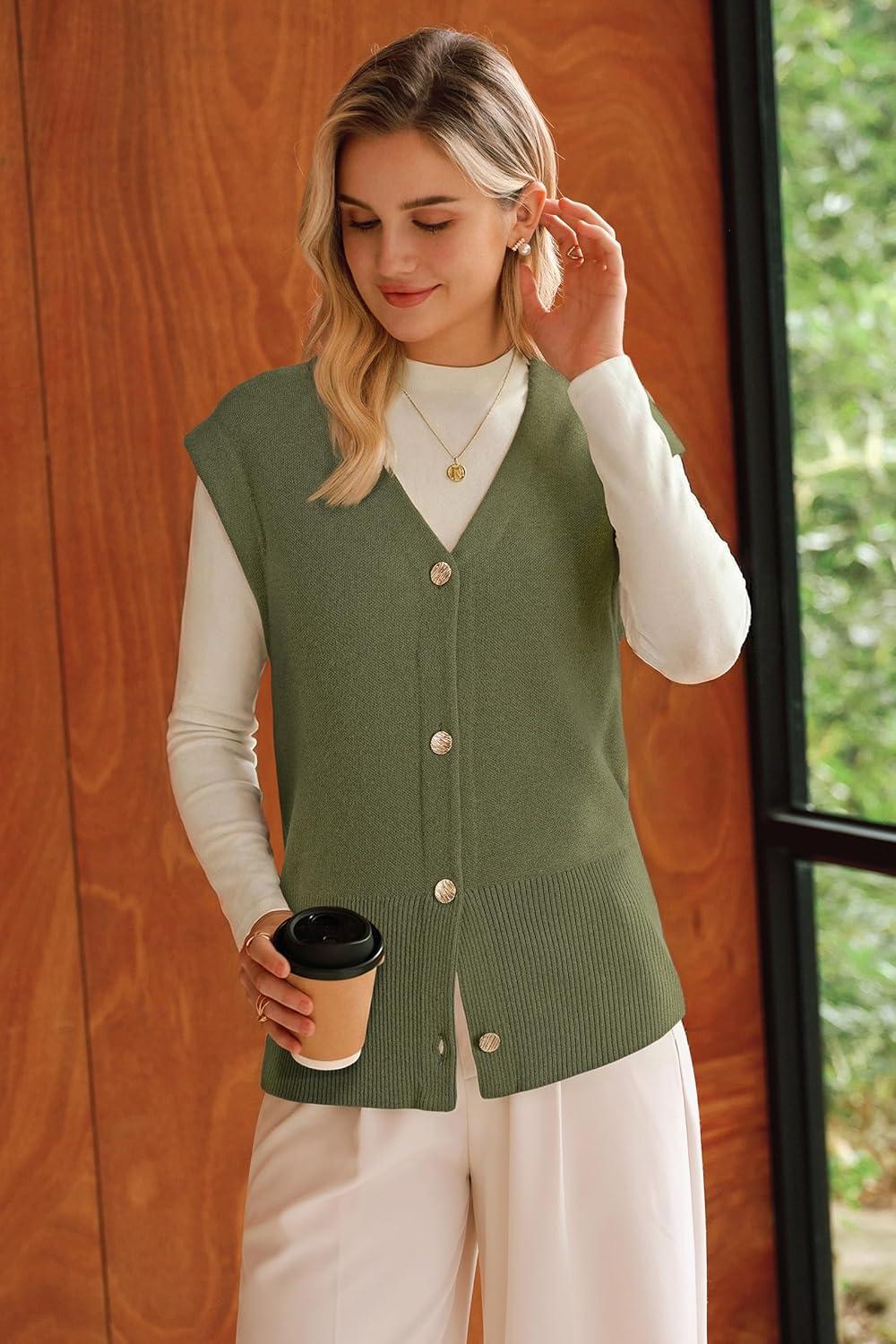 image:imageArachampCloz Womens Wool Blend V Neck Button Down Summer Business Casual Sweater Vests 2026Olive Green
