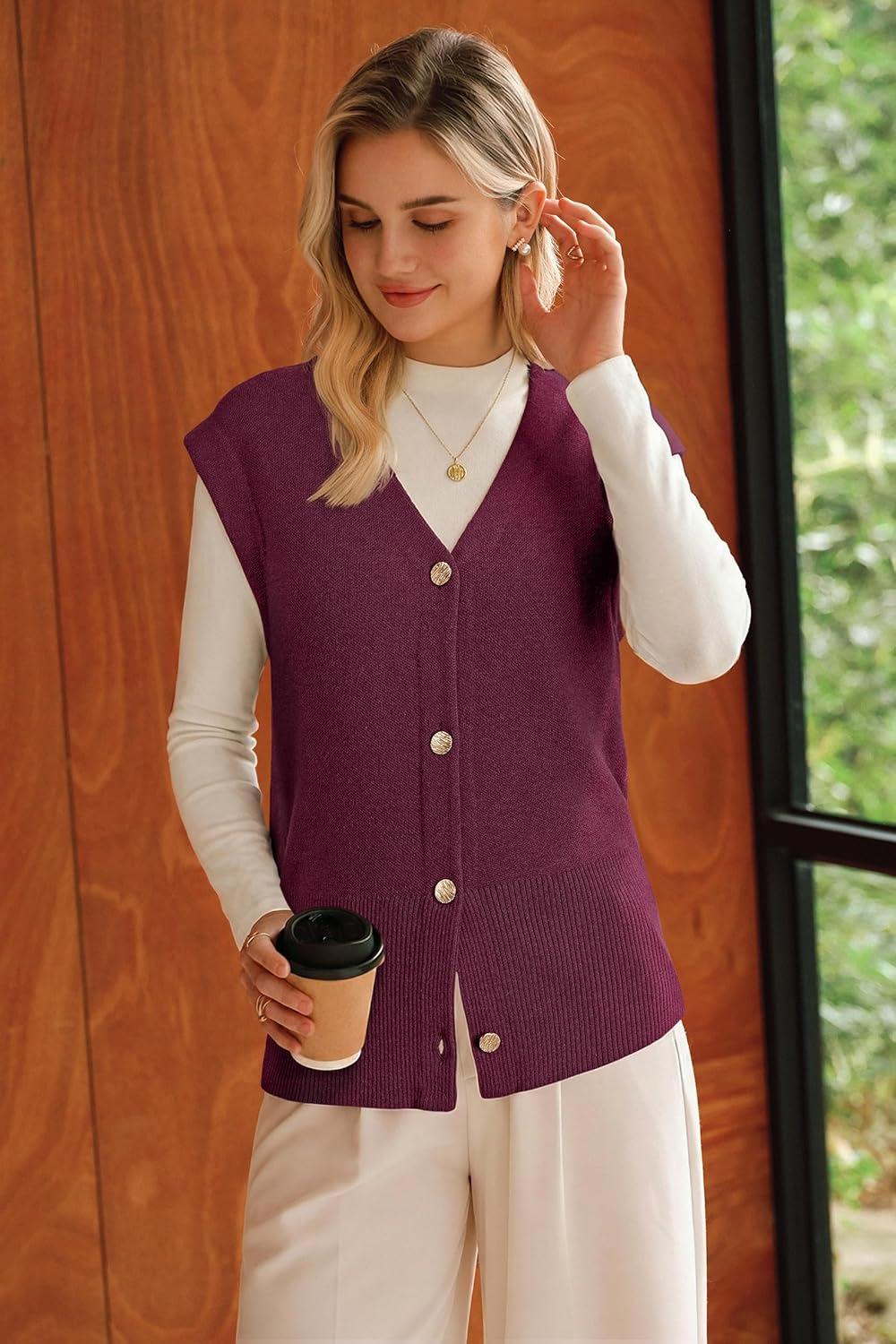 image:imageArachampCloz Womens Wool Blend V Neck Button Down Summer Business Casual Sweater Vests 2026Wine