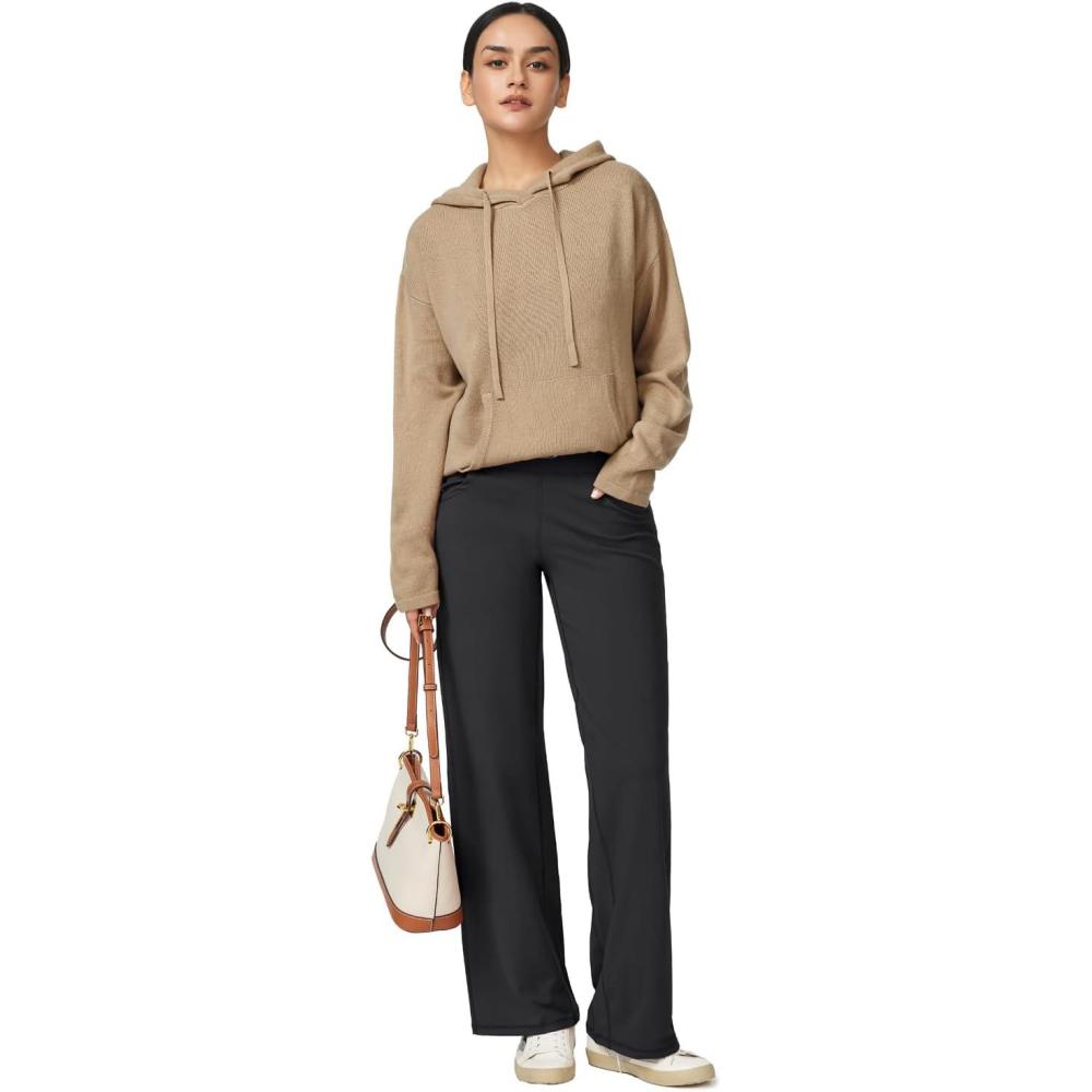 image:imageArachampCloz Womens 2023 Two Piece Outfits Knit Sweaters Hoodies and Wide Leg Yoga Pants Tracksuit Lounge Sets with PocketsKhaki