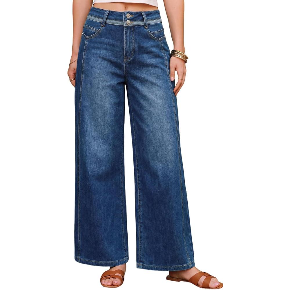 image:imageArachampCloz Womens Cotton Contrast Waistband Wide Leg Stretchy Denim Jeans 2026Dark Blue