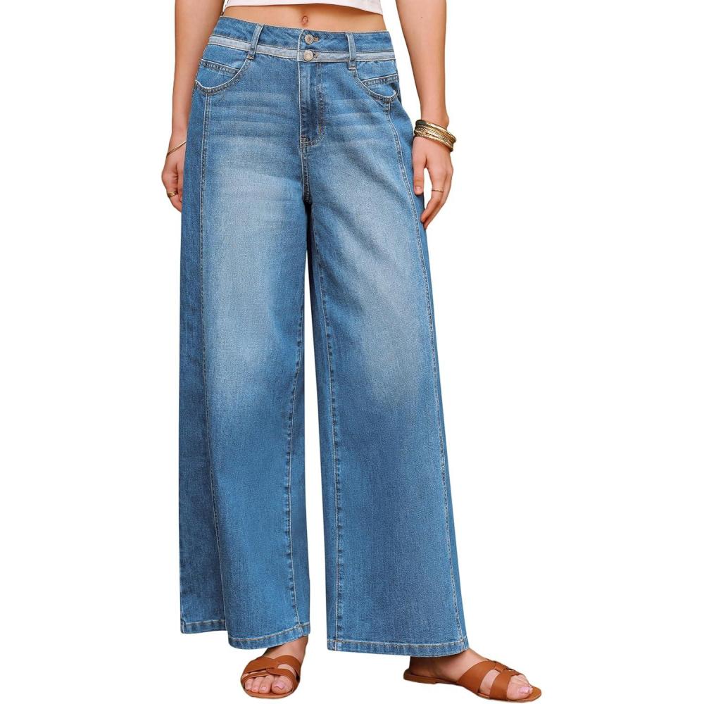 image:imageArachampCloz Womens Cotton Contrast Waistband Wide Leg Stretchy Denim Jeans 2026Light Blue