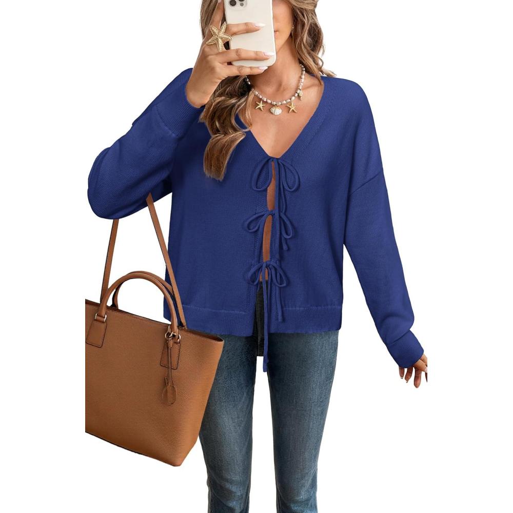 image:imageArachampCloz Womens Cozy Cotton Tie Front Fall Trendy Bow Cardigan Sweaters 2025Dark Blue