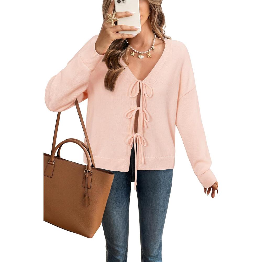 image:imageArachampCloz Womens Cozy Cotton Tie Front Fall Trendy Bow Cardigan Sweaters 2025Light Pink