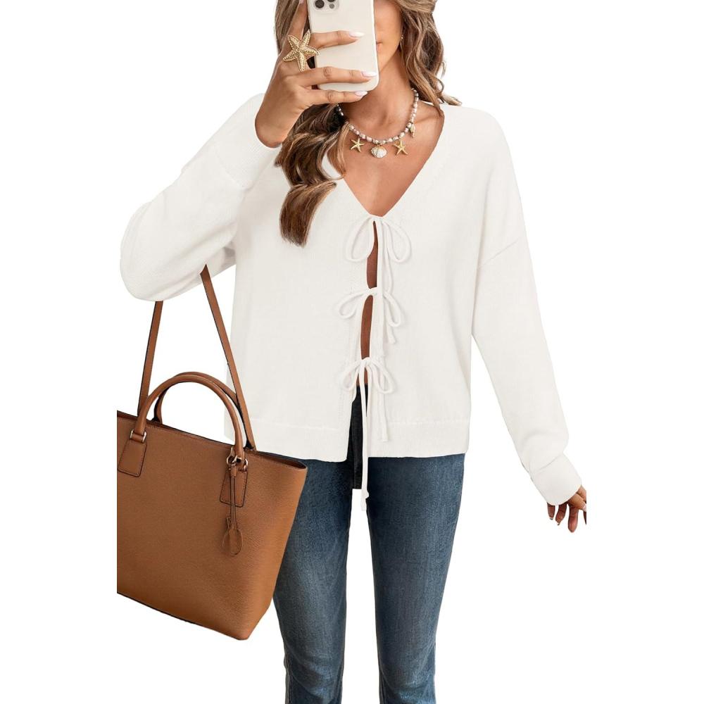 image:imageArachampCloz Womens Cozy Cotton Tie Front Fall Trendy Bow Cardigan Sweaters 2025White