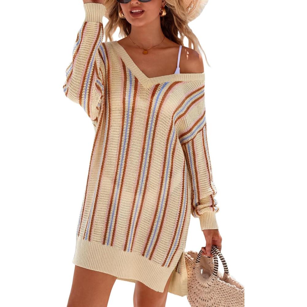 image:imageArachampCloz Womens Linen Blend Summer Swim Suit Cover Up V Neck Crochet Dress Striped Beach Vacation Outfits 2026Apricot Stripe