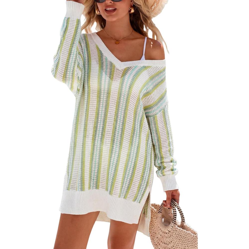 image:imageArachampCloz Womens Linen Blend Summer Swim Suit Cover Up V Neck Crochet Dress Striped Beach Vacation Outfits 2026Green Stripe